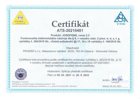 Certifikát funkcionalita elektronického nástroje.