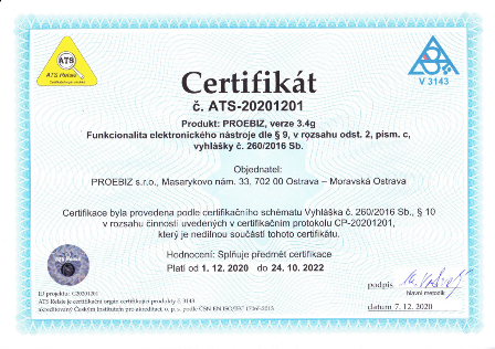 Certifikát funkcionalita elektronického nástroje